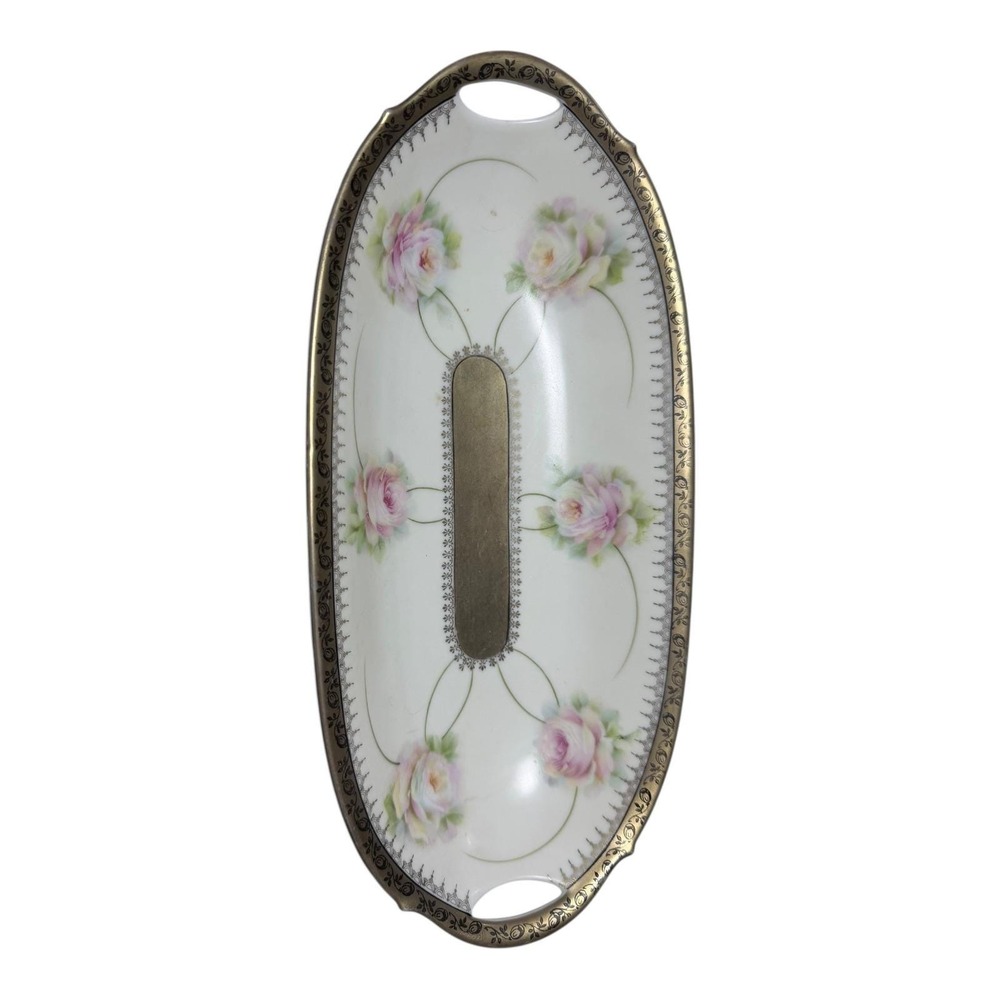 VTg Bavaria Handpainted Porcelain Bread Tray Celery Dish Pink Roses Gold‎ Trim - Picture 2 of 9